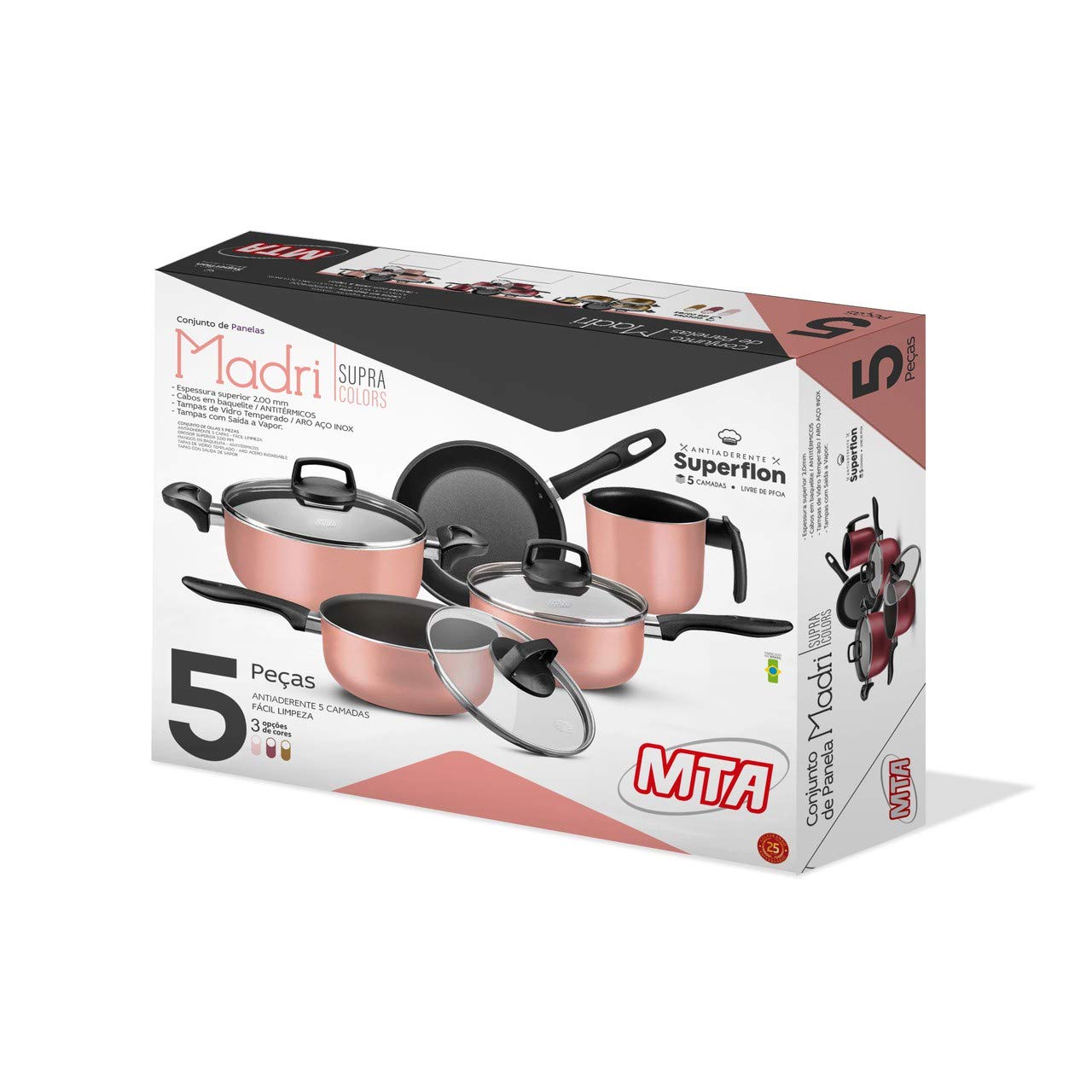 Conjunto De 5 Panelas Antiaderente Com Tampa Vidro Madri Rosé